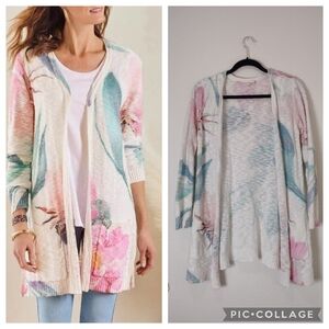 Soft Surroundings Petite White Pink Floral Cotton Knit Open Front Mari Cardigan